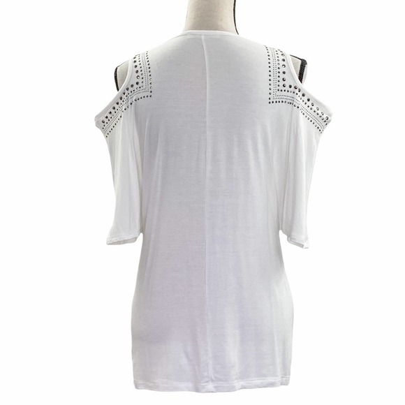 VOICE of California White Cold-Shoulder Dolman Sleeve Embellished Blouse - Picture 2 of 11